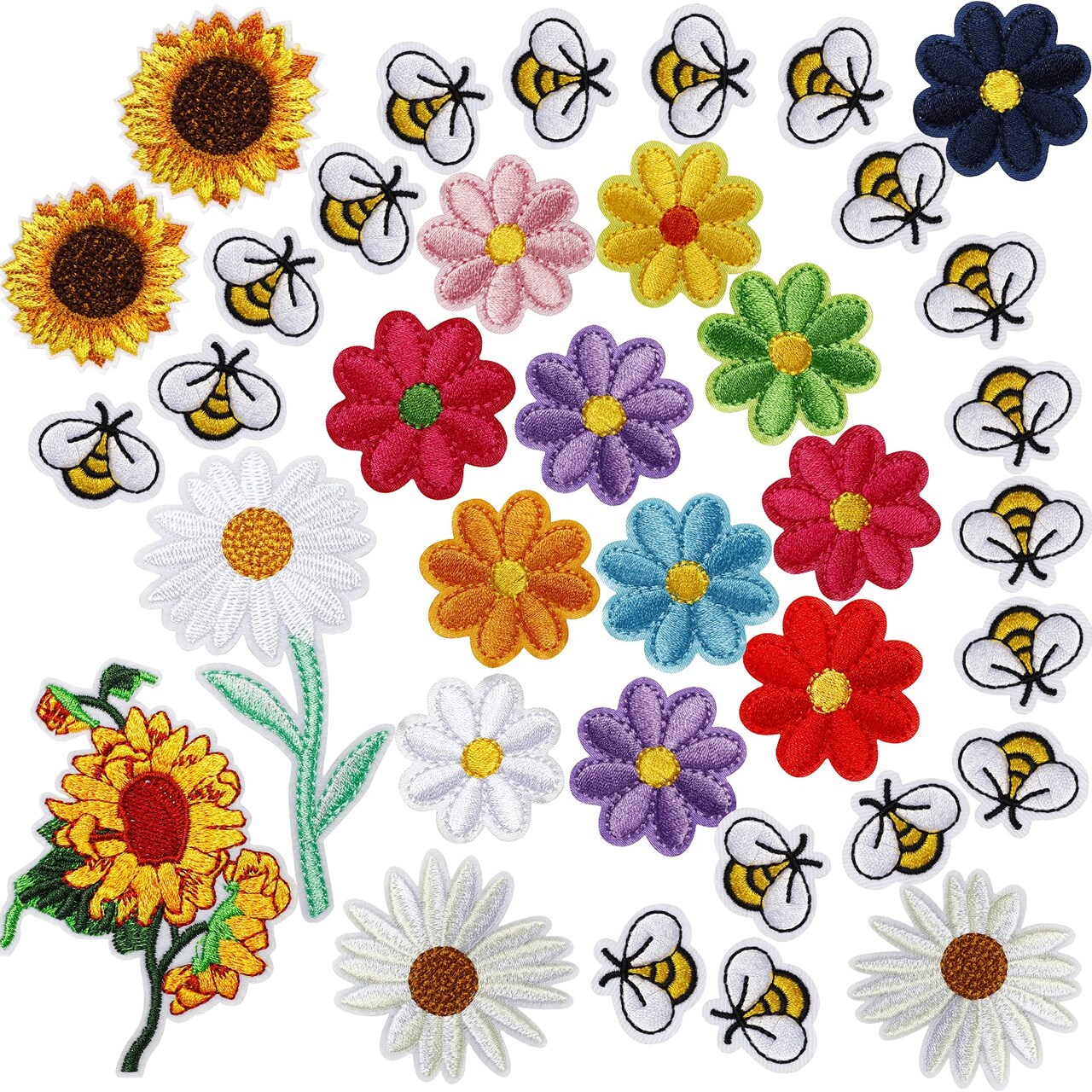 36 Pieces Embroidered Bee Applique Patches Daisy Sew on Patch Flower Iron on Patches Flower Appliques for Clothing Sewing Decorations Cute Bumble Sunflower Daisy